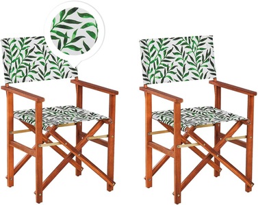 Beliani, Beliani Gartenstuhl Akazienholz dunkelbraun Textil grau / grün Blattmuster 2er Set CINE, Beliani - Gartenstuhl 2er Set aus Polyester Modern CINE, One Size, Braun Leder