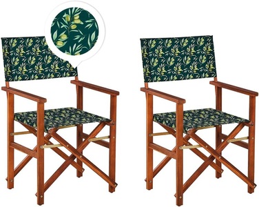 Beliani, Beliani Gartenstuhl Akazienholz dunkelbraun Textil grau / dunkelgrün Olivenmuster 2er Set CINE, Beliani - Gartenstuhl 2er Set aus Polyester Modern CINE, One Size, Waldgrün