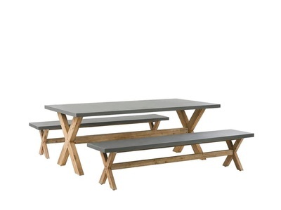 Beliani, Beliani OLBIA Gartentisch + Bänke, Beliani - Gartentisch Set aus Faserzement Industriell OLBIA, One Size, Taubengrau