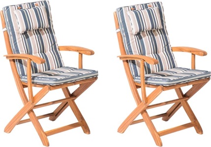 Beliani, Beliani Gartenstuhl Akazienholz hellbraun 2er Set Auflagen dunkelblau / beige MAUI, 