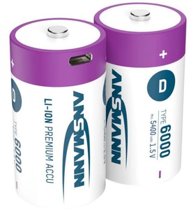 Ansmann, Ansmann Mono D Typ 6000 (min. 5400 mAh) ? 2er Karton Akku Batterie, Ansmann Li-Ion Akku Mono D 2er-Set mit USB-C-Ladebuchse, 1,5 V, 5400 mAh