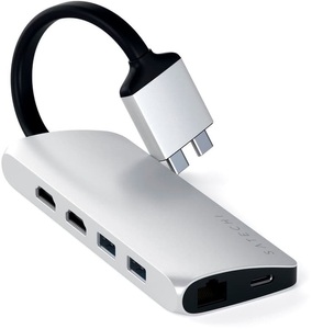 Apple, Satechi - Dual USB C Multiport Pro Hub mit USB C / 4K HDMI / 2x USB 3.0 Anschluss / Gigabit Ethernet / SD- Micro SD Kartenlesegerät (ST-TCDMMAS) - Silber, Satechi USB-C® Dockingstation ST-TCDMMASM