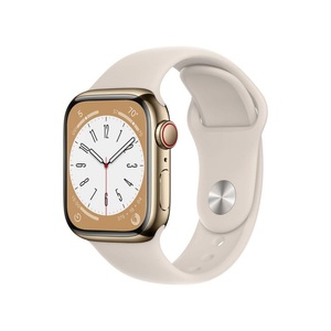 Apple, APPLE Watch Series 8 (GPS + Cellular) 41 mm - Smartwatch (Regular 130 - 200 mm, Fluorelastomer, Gold Stainless Steel/Starlight), 