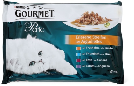 Gourmet, Probierpaket Gourmet Perle 4 x 85 g - Truthahn, Thunfisch, Ente & Lamm, Perle Erlesene Streifen