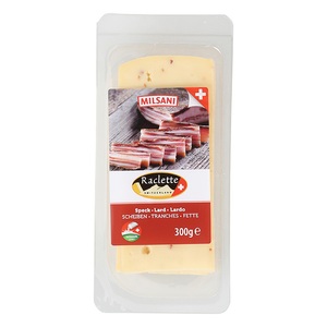 milfina, Raclette Käse in Scheiben, Speck, 