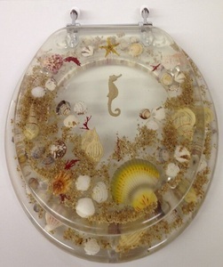 Daniels, JEWEL SHELL SEASHELL AND SEAHORSE RESIN TOILET SEAT, CHROME HINGES ELONGATED, 