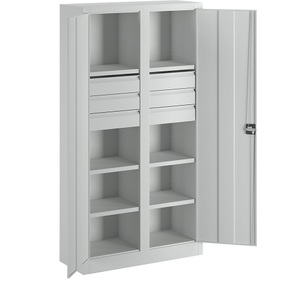 undefined, Schwerlastschrank, Höhe 1950 mm 6 Fachböden, 6 Schubladen à 125 mm grau, PAVOY Schwerlastschrank Premium mit Mittelwand, 6 Fachböden + Schubladen 6x125 mm