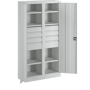 undefined, Schwerlastschrank, Höhe 1950 mm 6 Fachböden, 8 Schubladen grau, PAVOY Schwerlastschrank Premium mit Mittelwand, 6 Fachböden + Schubladen 6x125 + 2x175 mm