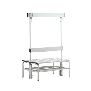 Sypro Wolf, Umkleidebank aus Stahl, Sypro Umkleidebank mit Aluminiumleisten, HxT 1650 x 725 mm, doppelseitig, Länge 1015 mm, 6 Haken, lichtgrau, Schuhrost