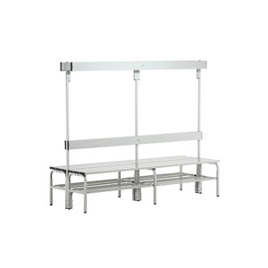 Sypro Wolf, Umkleidebank aus Stahl, Sypro Umkleidebank mit Aluminiumleisten, HxT 1650 x 725 mm, doppelseitig, Länge 2000 mm, 12 Haken, lichtgrau, Schuhrost