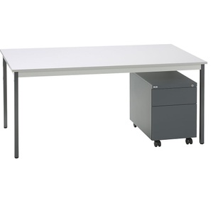 eurokraft basic Komplettbüro SATO, Schreibtisch + Rollcontainer, 590 mm tief, Rollcontainer mit Schub und Hängeregistratur