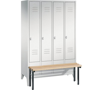 CP, CP CLASSIC Garderobenschrank mit vorgebauter Sitzbank 4 Abteile, Abteilbreite 300 mm lichtgrau, C+P Garderobenschrank Classic mit vorgebauter Sitzbank aus Holz, 4 Abteile à 300 mm, Drehriegelverschluss