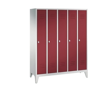 CP, CP CLASSIC Garderobenschrank mit Füßen 5 Abteile, Abteilbreite 300 mm lichtgrau / rubinrot, 