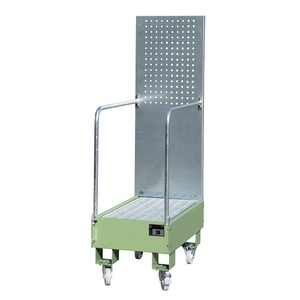 undefined, Fahrbare Auffangwanne mit Lochplattenwand 2 x 60-l-Fass stehend hintereinander, LxBxH 875 x 500 x 1685 mm resedagrün, Fahrbare Auffangwanne LPW 60-3, mit Lochplattenwand, aus Stahl, Kapazität 2 x 60-Liter Fass, grün
