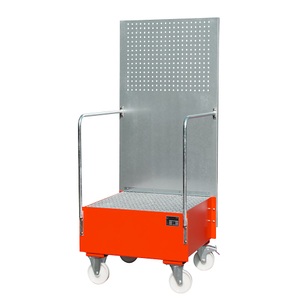 undefined, Fahrbare Auffangwanne mit Lochplattenwand 1 x 200-l-Fass stehend, LxBxH 870 x 890 x 2110 mm feuerrot, Auffangwanne mit Lochplatte, 1x 200 l, HxBxT 2.110 x 890 x 870 mm, feuerrot