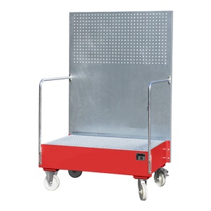 undefined, Fahrbare Auffangwanne mit Lochplattenwand 2 x 200-l-Fass stehend nebeneinander, LxBxH 870 x 1290 x 2015 mm feuerrot, Fahrbare Auffangwanne, aus Stahl, 215 l Auffangvolumen für 2 x 200-Liter Fässer, rot lackiert