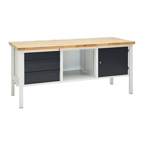 QUIPO, Werkbank, Gestellbauweise, Werkbank, Breite 2000 mm, 3 Schubladen 1 x 125 / 2 x 175 mm, 1 Tür 475 mm, lichtgrau/anthrazitgrau