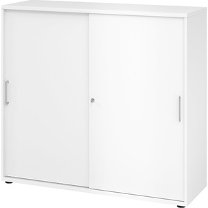 LIVIQUE, Aktenschrank Office, Schiebetürschrank Breno, abschliessbar, Spanplatte, melaminharzbeschichtet, B 1200 x T 400 x H 1100 mm, 3 Ordnerhöhen, weiss/weiss