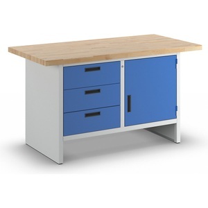 EUROKRAFTbasic, Werkbank mit geschlossenen Seiten, eurokraft basic Werkbank mit geschlossenen Seiten, 3 Schubladen, 1 Tür, Breite 1500 mm, lichtgrau / enzianblau