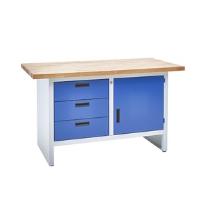 EUROKRAFTbasic, Werkbank mit geschlossenen Seiten, eurokraft basic Werkbank mit geschlossenen Seiten, 3 Schubladen, 1 Tür, Breite 1500 mm, lichtgrau / enzianblau