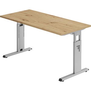 Hammerbacher, Hammerbacher Höhenverstellbarer Geradschreibtisch mit C-Fuß Express Q Eiche, Silber 1.400 x 672 x 685 - 810 mm, Home Office-Schreibtisch, manuelle Höhenverstellung, rechteckig, C-Füsse, B 1400 x T 672 x H 650-850 mm, Wildeiche/Silber