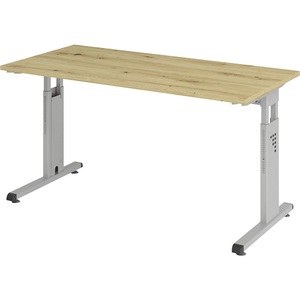 Hammerbacher, Hammerbacher Höhenverstellbarer Geradschreibtisch mit C-Fuß Express Q Eiche, Silber 1.400 x 672 x 685 - 810 mm, Home Office-Schreibtisch, manuelle Höhenverstellung, rechteckig, C-Füsse, B 1400 x T 672 x H 650-850 mm, Wildeiche/Silber