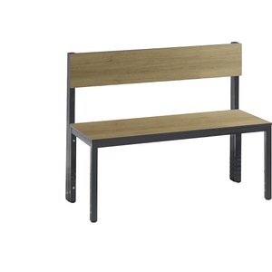CP, Garderobenbank BASIC PLUS, einseitig, Sitzbank Basic Plus, 1-seitig, Rückenlehne, mit Schuhrost, 4-Fussgestell schwarzgrau RAL 7021, B 1000 mm, Dekor Eiche Ser.