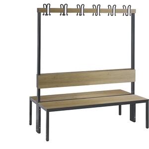 CP, Garderobenbank BASIC PLUS, doppelseitig, C+P Garderobenbank BASIC PLUS, doppelseitig, HPL, Lehne und Hakenleiste, Länge 1500 mm, Dekor Eiche