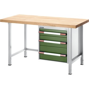 EUROKRAFT, EUROKRAFT Werkbank, höhenverstellbar, mit Buchemassivplatte 3 Schubladen Breite 1250 mm, lichtgrau / grün, eurokraft pro Höhenverstellbare Werkbank, Gestellbauweise, 3 Schubladen, Breite 1250 mm, lichtgrau / grün