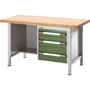 EUROKRAFT, EUROKRAFT Werkbank, höhenverstellbar, mit Buchemassivplatte 3 Schubladen, 1 Ablageboden Breite 1500 mm, lichtgrau / grün, eurokraft pro Höhenverstellbare Werkbank, Gestellbauweise, 3 Schubladen, 1 Ablageboden, Breite 1500 mm, lichtgrau / grün