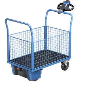 EUROKRAFTpro, Plattformwagen mit Elektroantrieb, eurokraft pro Plattformwagen mit Elektroantrieb, 4 hohe Gitter-Wände, LxBxH 1420 x 700 x 1300 mm
