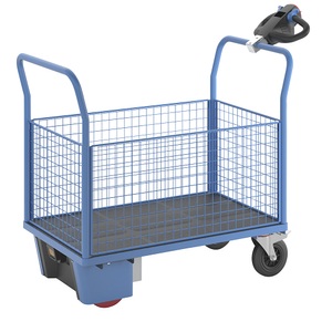 EUROKRAFTpro, Plattformwagen mit Elektroantrieb, eurokraft pro Plattformwagen mit Elektroantrieb, 4 hohe Gitter-Wände, LxBxH 1420 x 700 x 1300 mm
