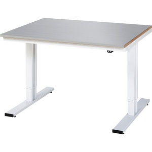 RAU, Arbeitstisch, elektrisch höhenverstellbar, Rau Werktisch Adlatus, elektrisch höhenverstellbar, 25 mm MDF-Platte mit Edelstahlbelag, bis 300 kg, B 1250 x T 1000 x H 720-1120 mm, silber/lichtgrau