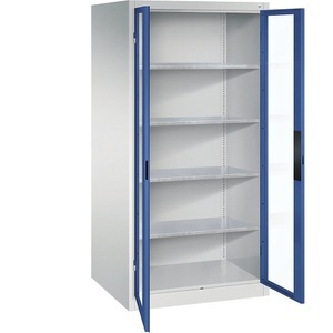 CP, Sichtfenster-Flügeltürschrank, C+P Sichtfenster-Flügeltürschrank, HxBxT 1950 x 930 x 800 mm, 4 Fachböden, lichtgrau / enzianblau