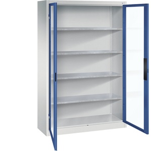 CP, Sichtfenster-Flügeltürschrank, C+P Sichtfenster-Flügeltürschrank, HxBxT 1950 x 1200 x 400 mm, 4 Fachböden, lichtgrau / enzianblau