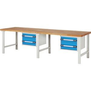 EUROKRAFTpro, EUROKRAFTpro Werkbank, Baukastensystem, 4 Schubladen, extrabreit, BxT 3000 x 900 mm, Rubbermaid Wertstoffsammler SLIM JIM®, Volumen 60 l, Einwurfschlitz, grau