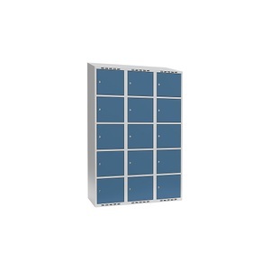 undefined, Schließfachschrank Fydor, 5 Fächer, lichtgrau / brillantblau, B 1200 mm, 3 Abteile, schräge Dachform, Zylinderschloss, Schließfachschrank Fydor, 5 Fächer, lichtgrau / brillantblau, B 1200 mm, 3 Abteile, schräge Dachform, Zylinderschloss