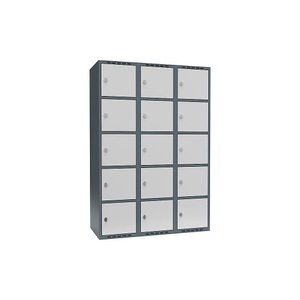 undefined, Schließfachschrank Fydor, 5 Fächer, blaugrau / lichtgrau, B 1200 mm, 3 Abteile, flache Dachform, Vorhängeschloss, Schließfachschrank Fydor, 5 Fächer, blaugrau / lichtgrau, B 1200 mm, 3 Abteile, flache Dachform, Vorhängeschloss