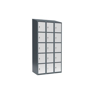undefined, Schließfachschrank Fydor, 5 Fächer, blaugrau / lichtgrau, B 900 mm, 3 Abteile, schräge Dachform, Vorhängeschloss, Schließfachschrank Fydor, 5 Fächer, blaugrau / lichtgrau, B 900 mm, 3 Abteile, schräge Dachform, Vorhängeschloss