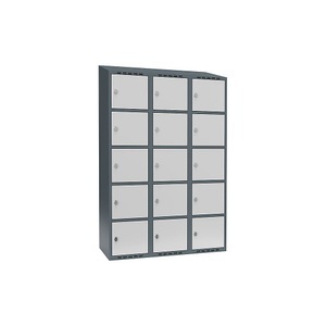 undefined, Schließfachschrank Fydor, 5 Fächer, blaugrau / lichtgrau, B 1200 mm, 3 Abteile, schräge Dachform, Vorhängeschloss, Schließfachschrank Fydor, 5 Fächer, blaugrau / lichtgrau, B 1200 mm, 3 Abteile, schräge Dachform, Vorhängeschloss