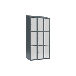 undefined, Schließfachschrank Fydor, 3 Fächer, blaugrau / lichtgrau, B 900 mm, 3 Abteile, schräge Dachform, Zylinderschloss, Schließfachschrank Fydor, 3 Fächer, blaugrau / lichtgrau, B 900 mm, 3 Abteile, schräge Dachform, Zylinderschloss