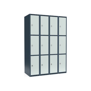 undefined, Schließfachschrank Fydor, 3 Fächer, blaugrau / lichtgrau, B 1200 mm, 4 Abteile, flache Dachform, Vorhängeschloss, Schließfachschrank Fydor, 3 Fächer, blaugrau / lichtgrau, B 1200 mm, 4 Abteile, flache Dachform, Vorhängeschloss