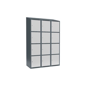 undefined, Schließfachschrank Fydor, 4 Fächer, blaugrau / lichtgrau, B 1200 mm, 3 Abteile, schräge Dachform, Zylinderschloss, Schließfachschrank Fydor, 4 Fächer, blaugrau / lichtgrau, B 1200 mm, 3 Abteile, schräge Dachform, Zylinderschloss