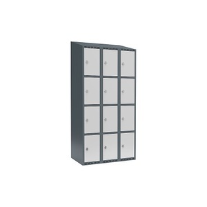 undefined, Schließfachschrank Fydor, 4 Fächer, blaugrau / lichtgrau, B 900 mm, 3 Abteile, schräge Dachform, Vorhängeschloss, Schließfachschrank Fydor, 4 Fächer, blaugrau / lichtgrau, B 900 mm, 3 Abteile, schräge Dachform, Vorhängeschloss