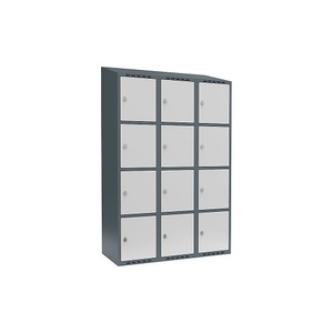 undefined, Schließfachschrank Fydor, 4 Fächer, blaugrau / lichtgrau, B 1200 mm, 3 Abteile, schräge Dachform, Vorhängeschloss, Schließfachschrank Fydor, 4 Fächer, blaugrau / lichtgrau, B 1200 mm, 3 Abteile, schräge Dachform, Vorhängeschloss