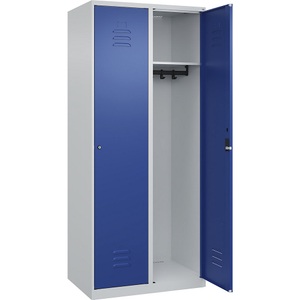 C+P Spind Classic PLUS, 2 Abteile, lichtgrau / enzianblau, B 800 mm, mit Bodengleitern, Zylinderschloss