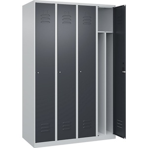 C+P Spind Classic PLUS, 4 Abteile, lichtgrau / grau, B 1200 mm, mit Bodengleitern, Zylinderschloss, Trennwand mittig