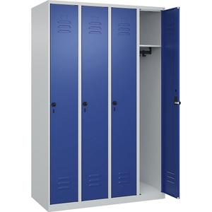 C+P Spind Classic PLUS, 4 Abteile, lichtgrau / enzianblau, B 1200 mm, mit Bodengleitern, Drehriegel