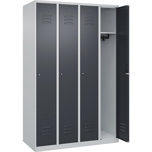 C+P Spind Classic PLUS, 4 Abteile, lichtgrau / grau, B 1200 mm, mit Bodengleitern, Zylinderschloss