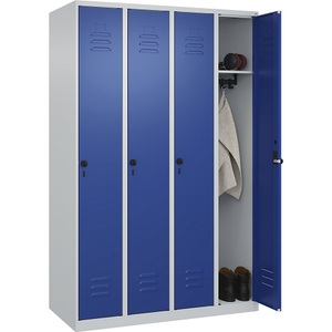 C+P Spind Classic PLUS, 4 Abteile, lichtgrau / enzianblau, B 1200 mm, mit Bodengleitern, Zylinderschloss